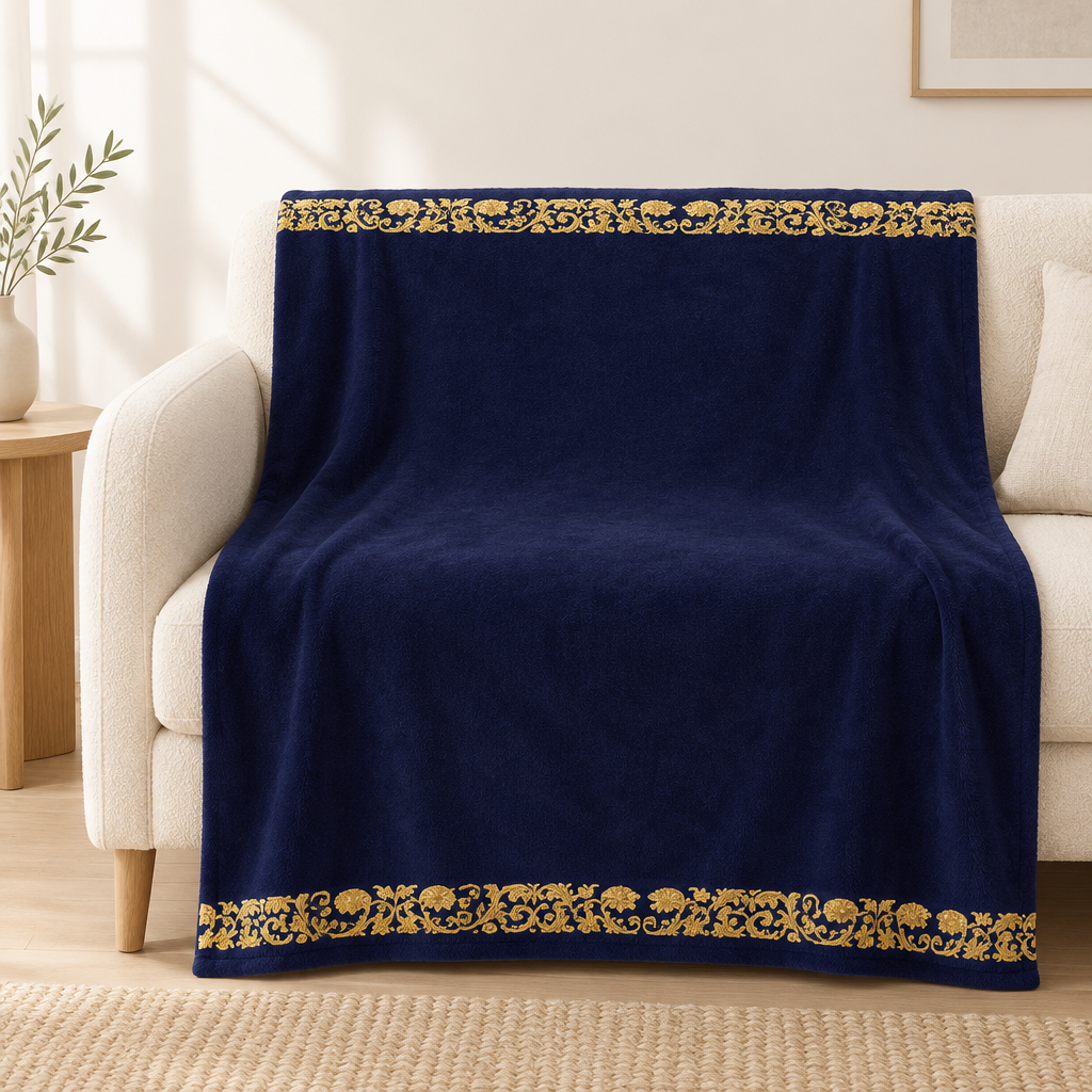 Navy velveteen blanket with gold borders draped over a cream sofa — Ceylon Culture Vibes