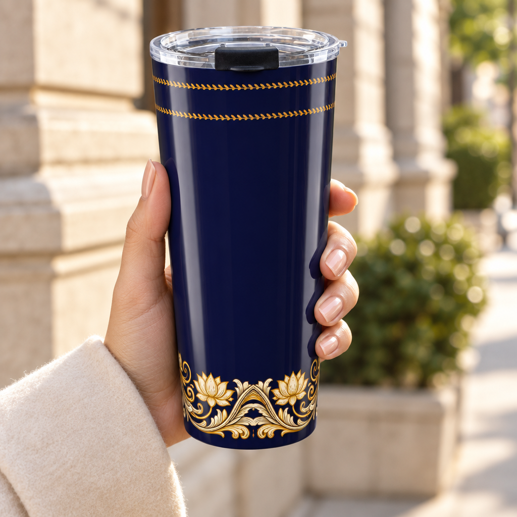 Navy and gold baroque insulated tumbler held outdoors in natural light — Ceylon Culture Vibes