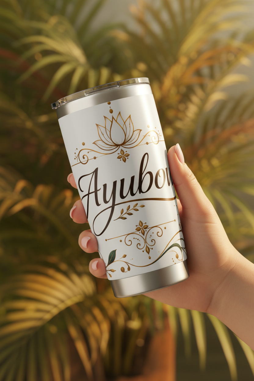 Ayubowan gold lotus tumbler held in hand against tropical greenery — Ayubowan Collection — Ceylon Culture Vibes