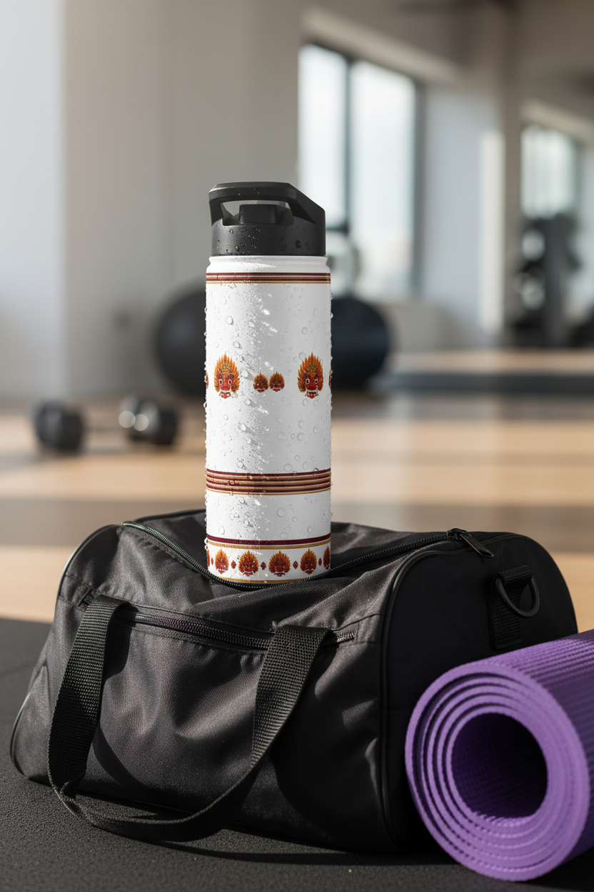 Raksha mask 32oz stainless steel water bottle at gym with yoga mat — Raksha Collection — Ceylon Culture Vibes
