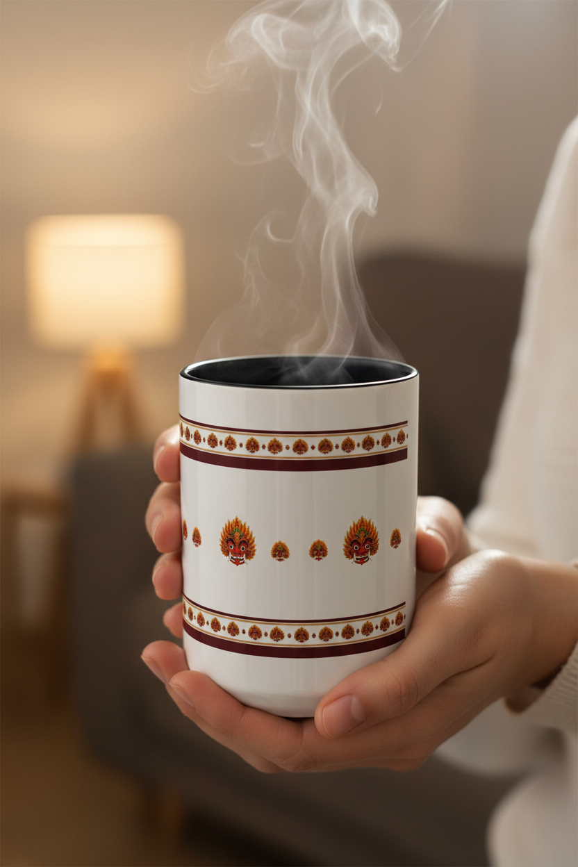 Raksha mask accent coffee mug held with steam rising in cosy living room — Raksha Collection — Ceylon Culture Vibes