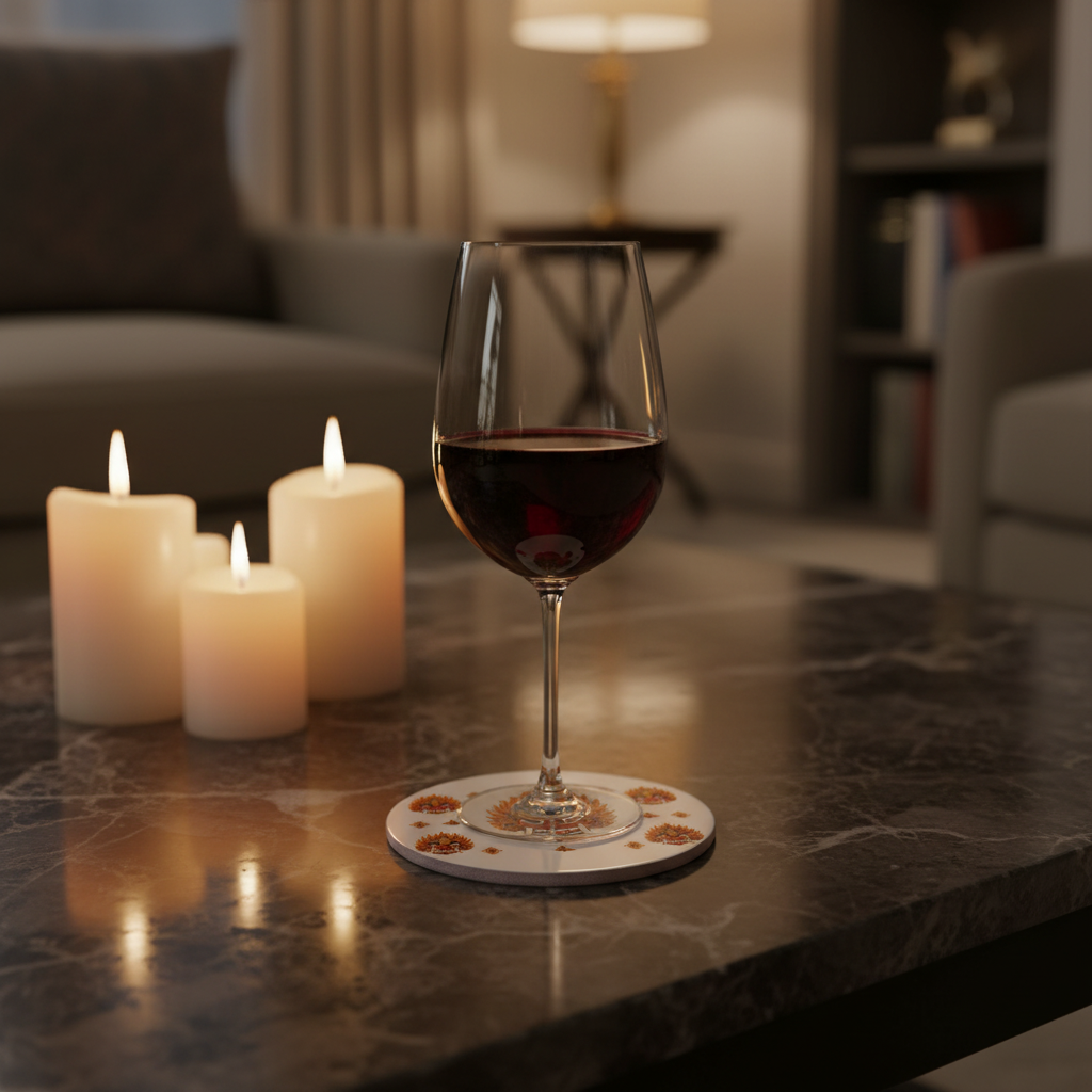 Raksha mask round hardboard coaster with wine glass on marble table — Raksha Collection — Ceylon Culture Vibes