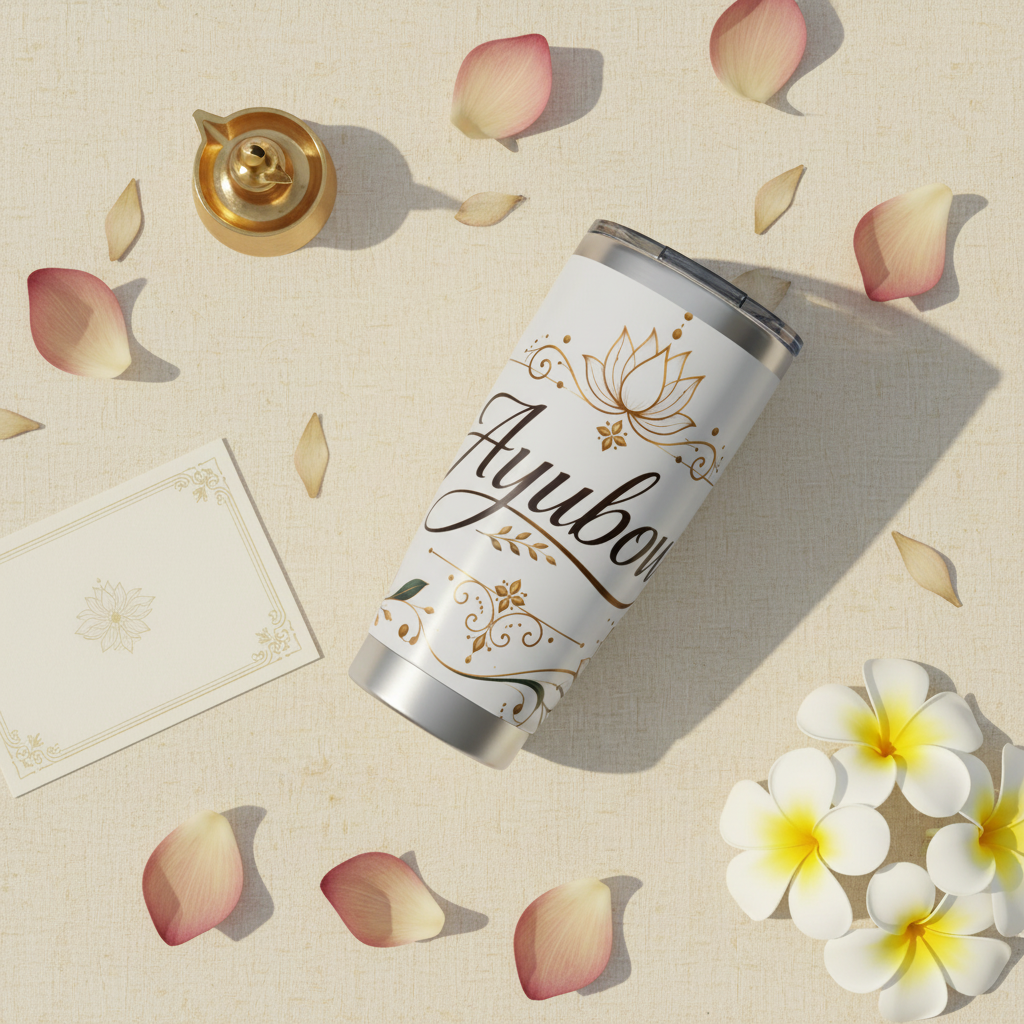 Ayubowan gold lotus tumbler Sri Lankan gift flat lay with frangipani and brass lamp — Ayubowan Collection — Ceylon Culture Vibes