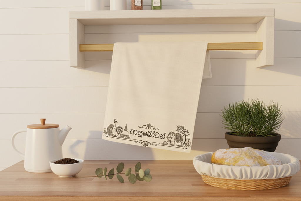 Ayubowan tea towel draped on brass rail with white teapot and Ceylon tea — Ceylon Culture Vibes