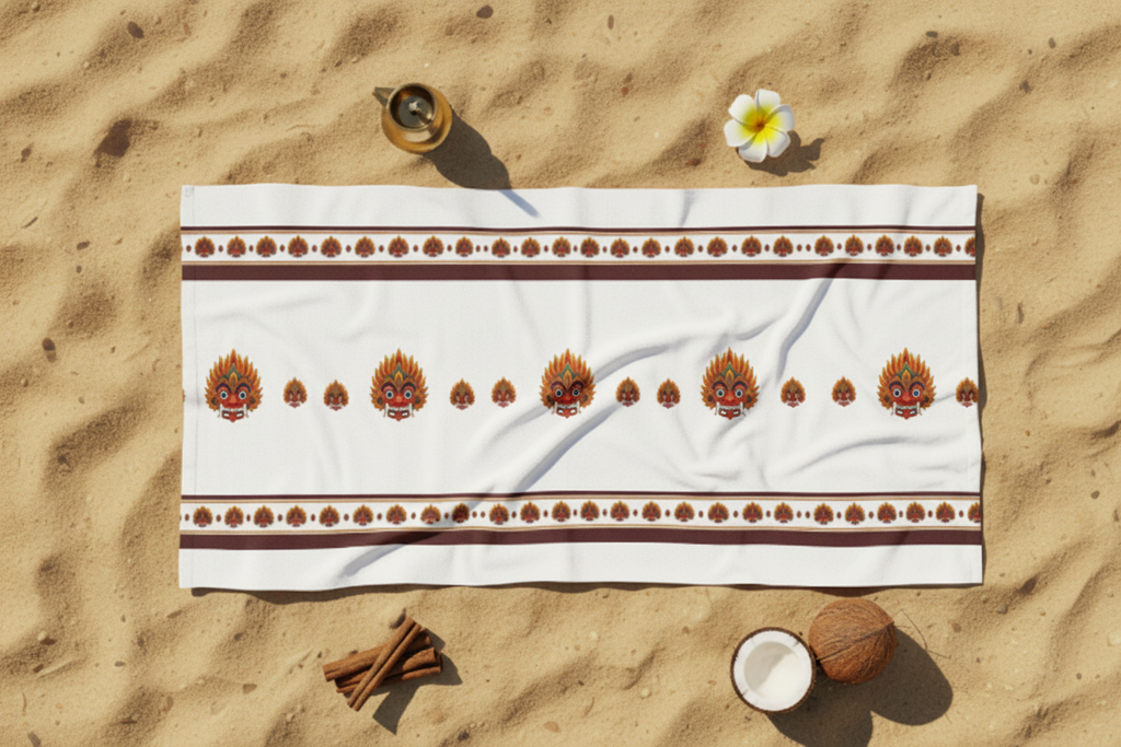 Raksha Beach Towel flat lay on sand with Sri Lankan props — Ceylon Culture Vibes