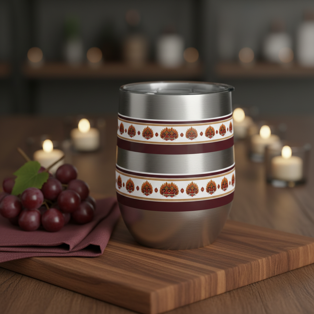 Lifestyle shot of silver Raksha Mask wine tumbler on walnut board with grapes and candlelight — Raksha Collection — Ceylon Culture Vibes