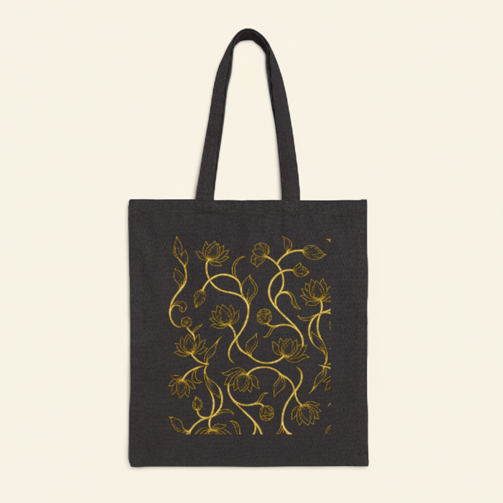 Dark charcoal lotus canvas tote bag close-up on ivory background — Ceylon Culture Vibes