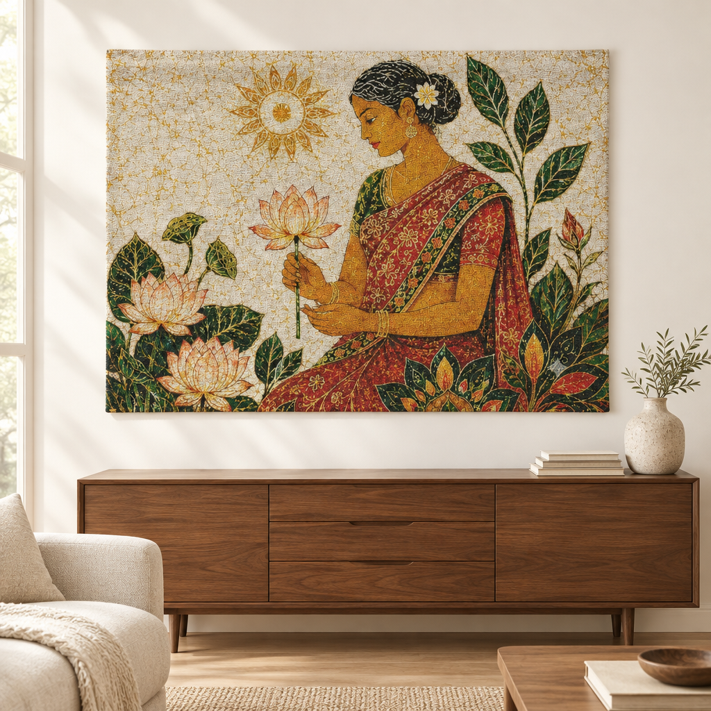Lotus goddess woven tapestry above a walnut sideboard in a warm living room — Ceylon Culture Vibes