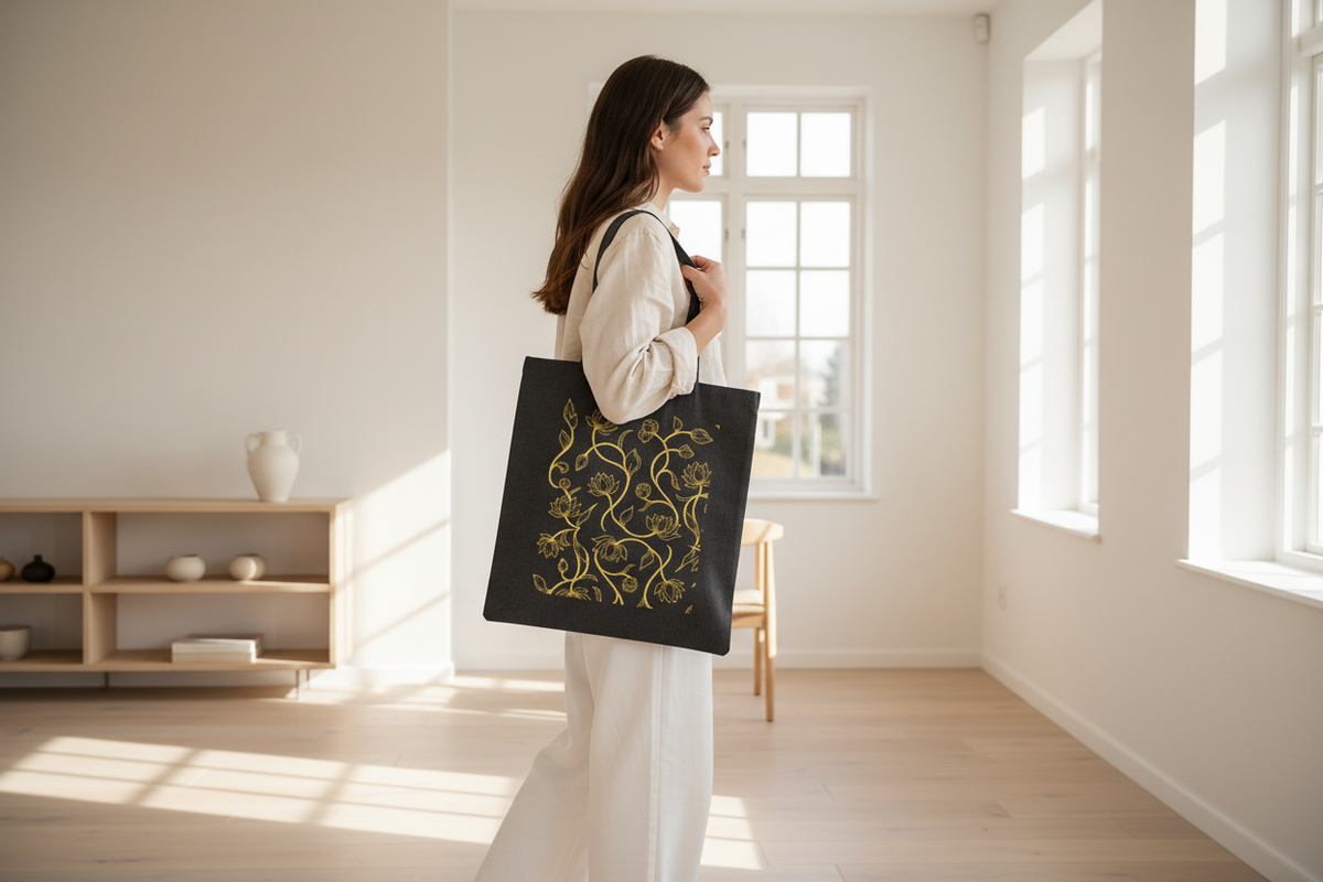 Woman carrying dark charcoal lotus canvas tote bag in Scandinavian interior — Ceylon Culture Vibes