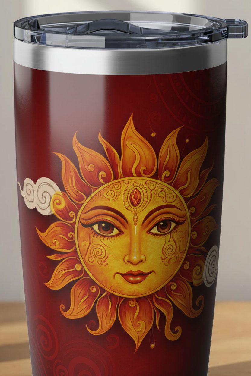 Close-up of golden sun goddess face with jewelled bindi and flame rays on crimson 20oz tumbler — Temple & Serenity Collection — Ceylon Culture Vibes