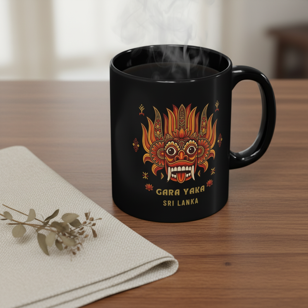 Gara Yaka Mask Black Mug lifestyle mockup — Sri Lankan demon mask ceramic coffee cup — Ceylon Culture Vibes