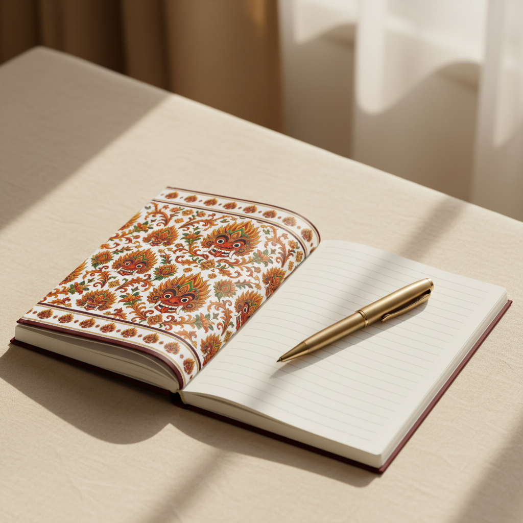 Open hardcover journal with Raksha mask cover and gold pen on lined pages — Raksha Collection — Ceylon Culture Vibes