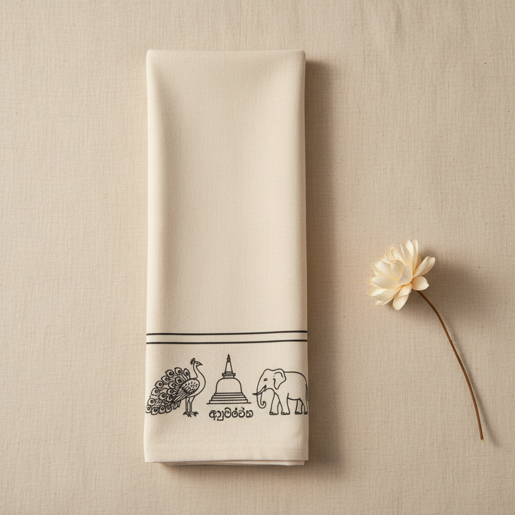 Ayubowan tea towel folded on linen with dried flower — Ceylon Culture Vibes