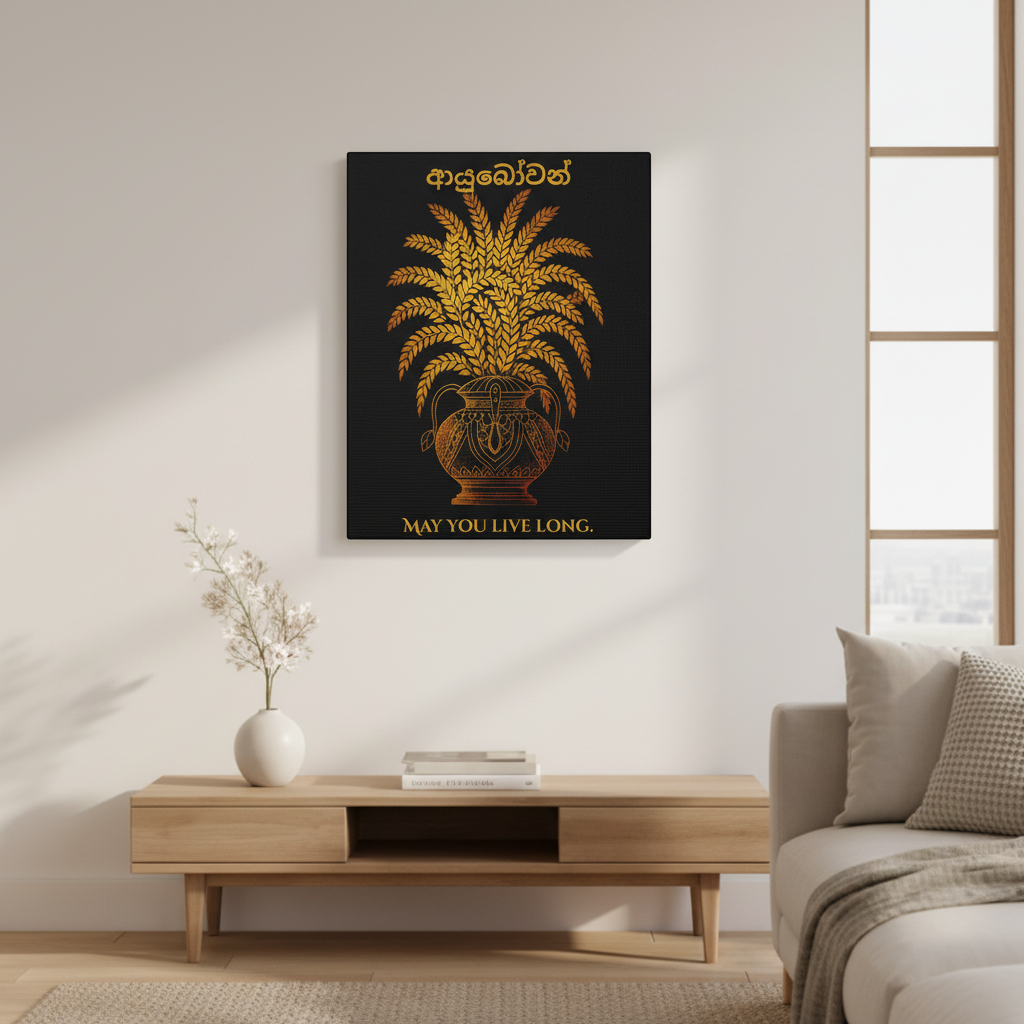 Ayubowan Punkalasa canvas wall art hung above timber console in bright minimal interior — Ceylon Culture Vibes