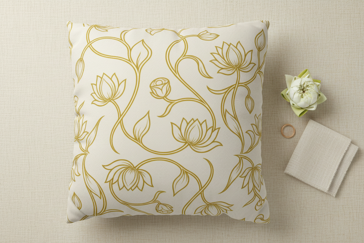 Ceylon lotus cushion cover flat lay with lotus bloom and gold ring — Ceylon Culture Vibes