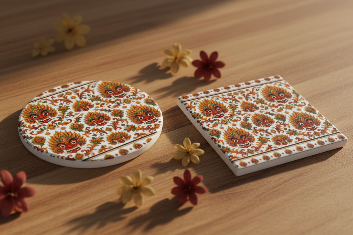 Close-up of Raksha Mask ceramic coasters showing print detail — Raksha Collection — Ceylon Culture Vibes