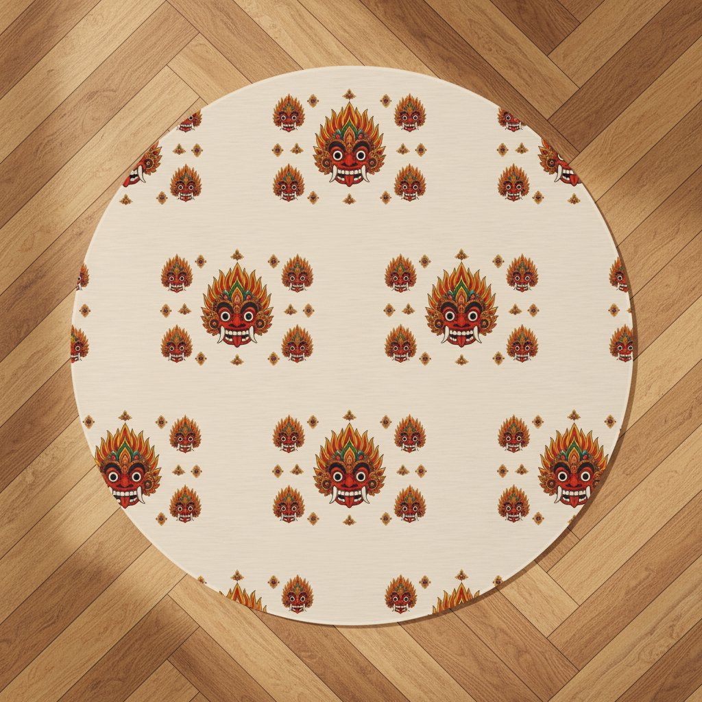 Raksha mask round rug with Sri Lankan devil dance pattern overhead flat lay on wood floor — Raksha Collection — Ceylon Culture Vibes