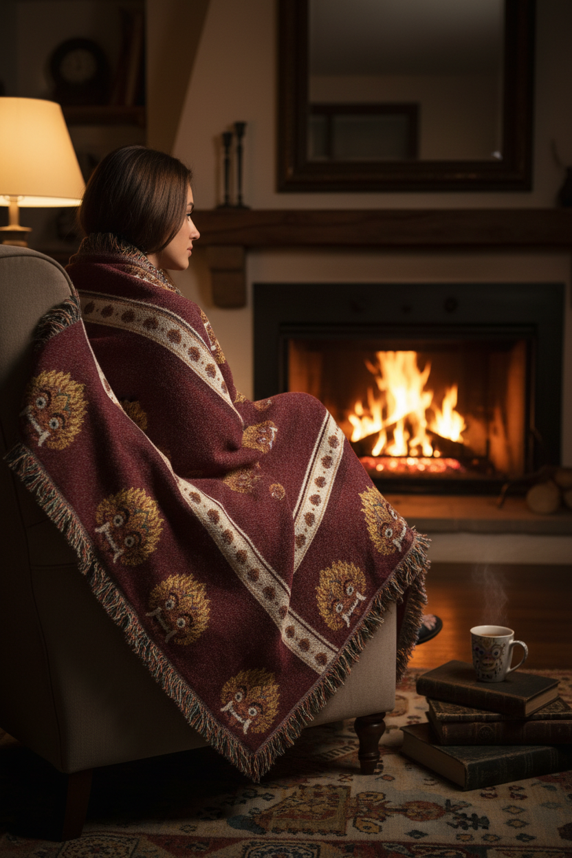 Raksha mask woven cotton blanket wrapped around person by fireplace — Raksha Collection — Ceylon Culture Vibes