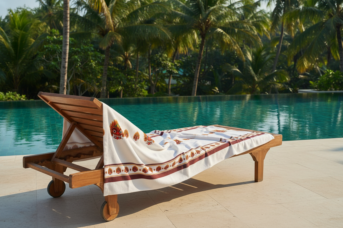 Raksha beach towel with Sri Lankan devil dance mask print draped over poolside chair — Raksha Collection — Ceylon Culture Vibes