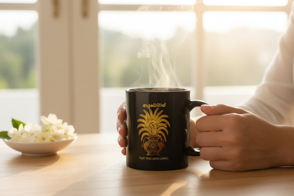 Ayubowan black coffee mug held in hands with morning light and jasmine flowers — Ceylon Culture Vibes