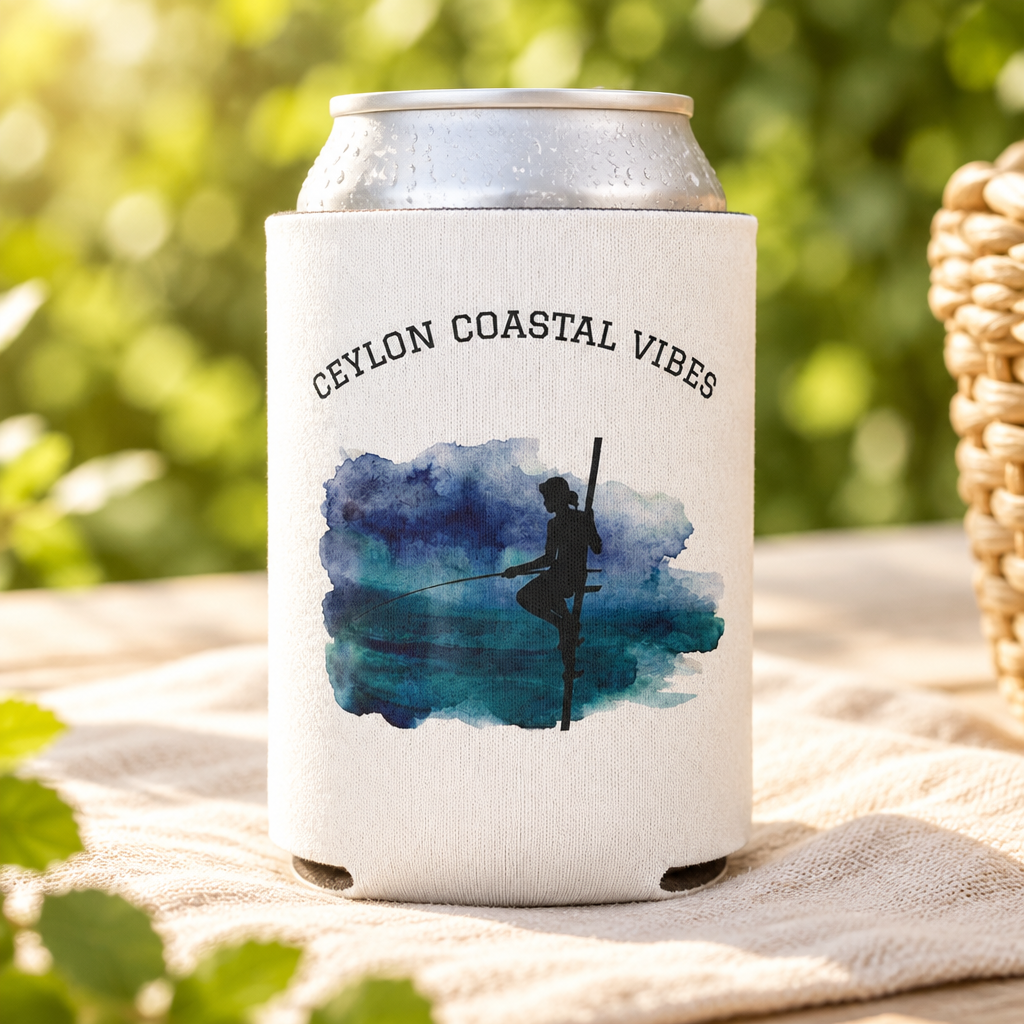 Ceylon Coastal Vibes stilt fisherman can cooler on a cream linen picnic table — Ceylon Culture Vibes