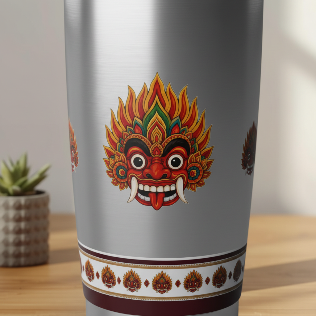 Raksha Guardian Tumbler 20oz Steel macro close-up of Raksha mask print — Raksha Collection — Ceylon Culture Vibes