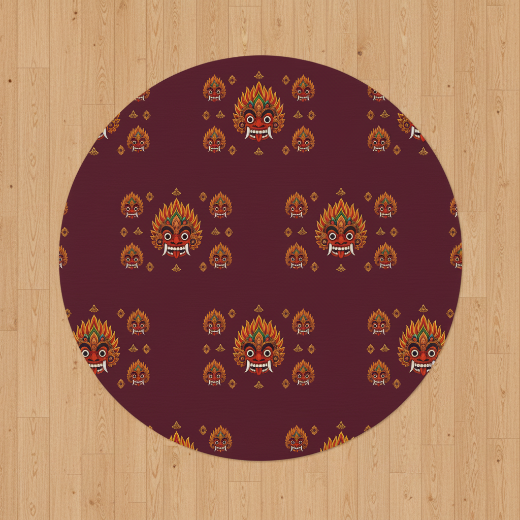 Raksha mask round rug deep burgundy overhead flat lay on oak floor — Raksha Collection — Ceylon Culture Vibes