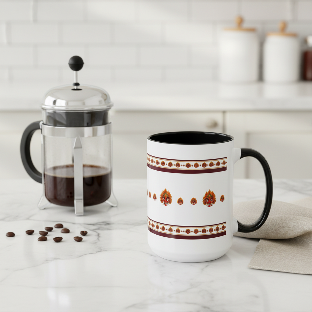 Raksha mask accent coffee mug on marble kitchen counter with French press — Raksha Collection — Ceylon Culture Vibes
