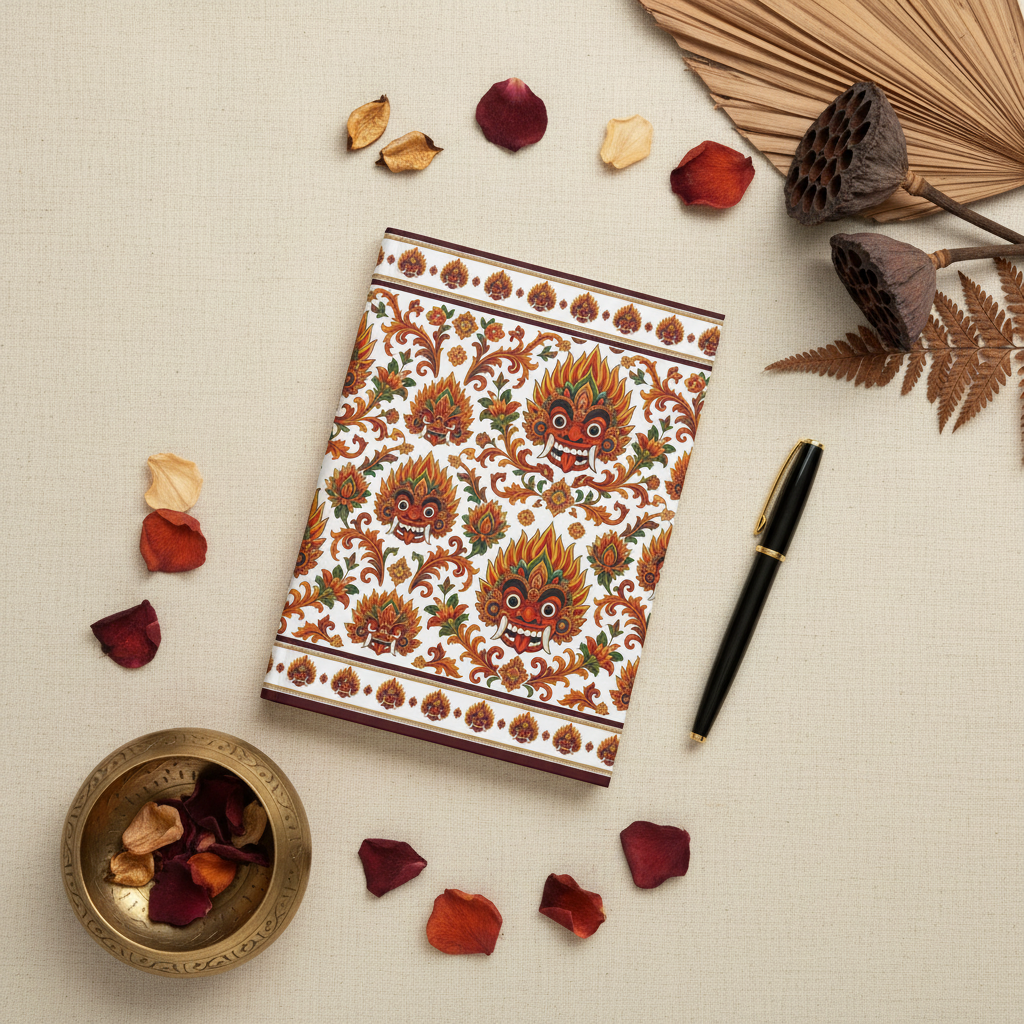 Flat lay of Raksha mask hardcover journal with botanicals and brass bowl — Raksha Collection — Ceylon Culture Vibes