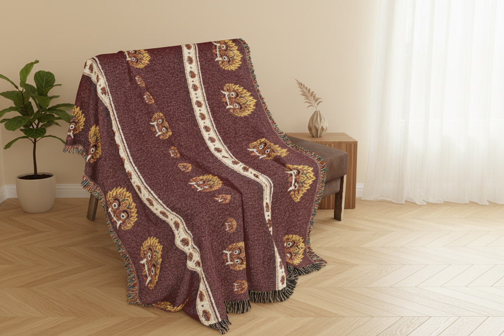 Raksha woven throw blanket on armchair in bright ivory living room — Ceylon Culture Vibes