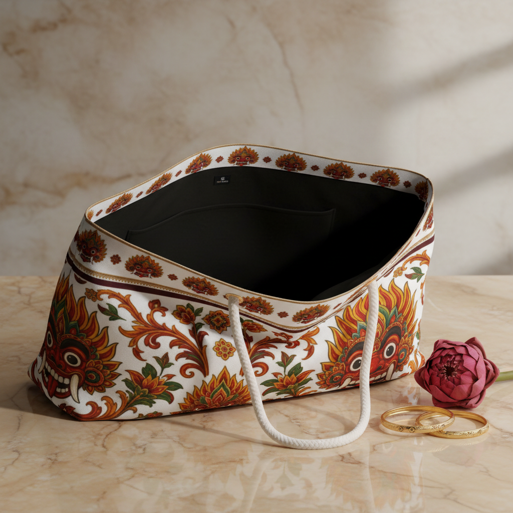 Sri Lanka Raksha Mask Weekender Bag detail close-up lotus — Raksha Collection — Ceylon Culture Vibes
