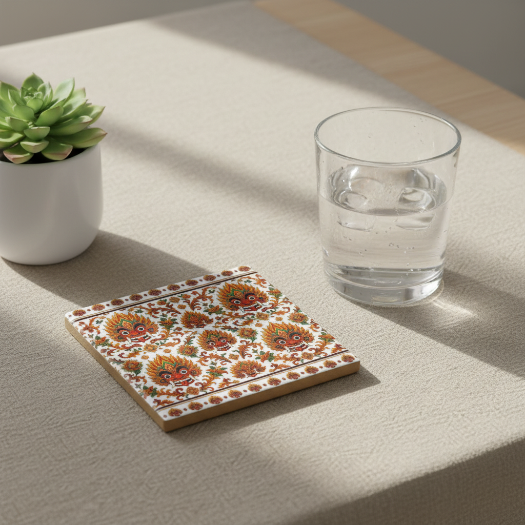 Square ceramic coaster with Raksha Mask damask pattern — Raksha Collection — Ceylon Culture Vibes