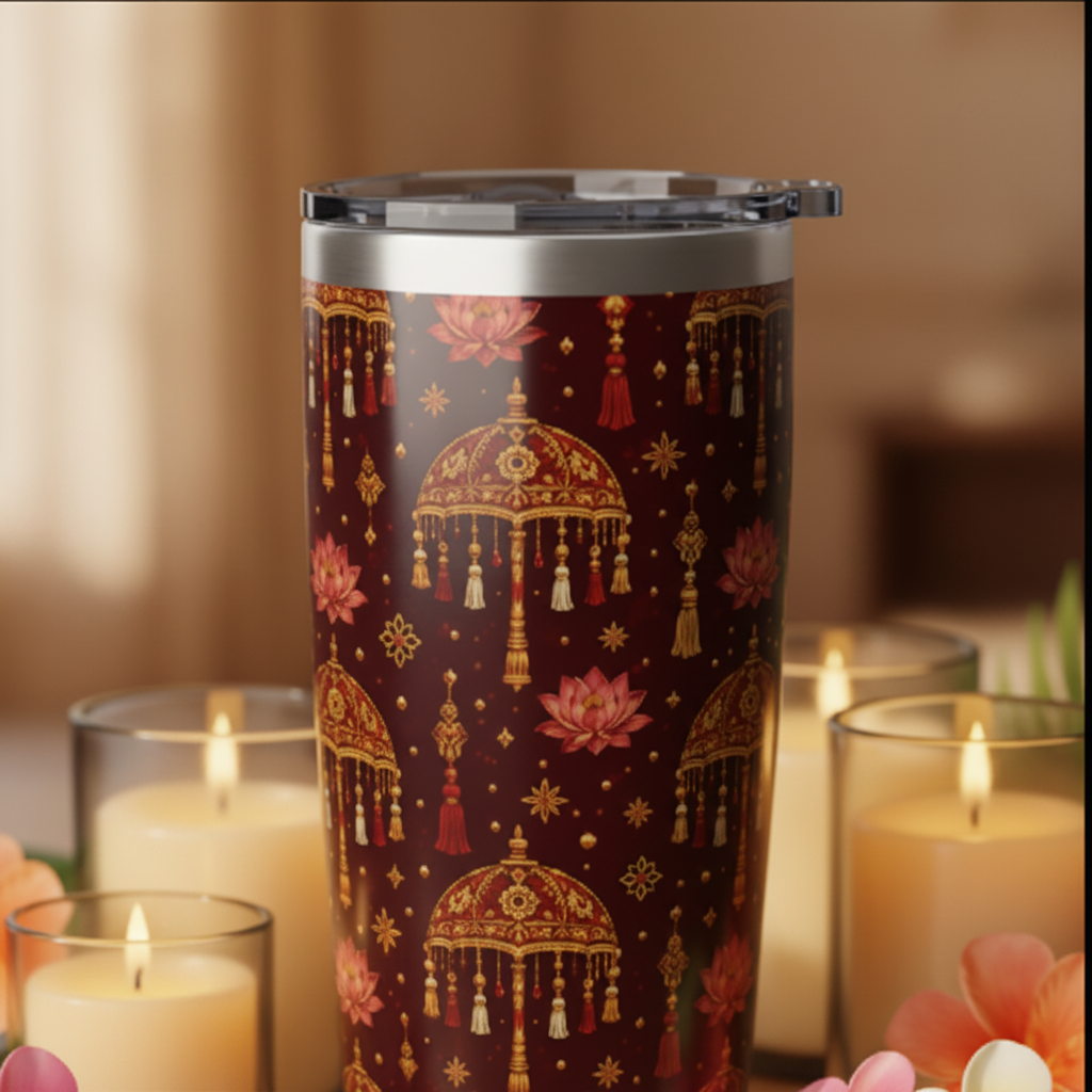 Extreme close-up of Kandyan heritage tumbler with gold motifs and candlelight — Ceylon Culture Vibes