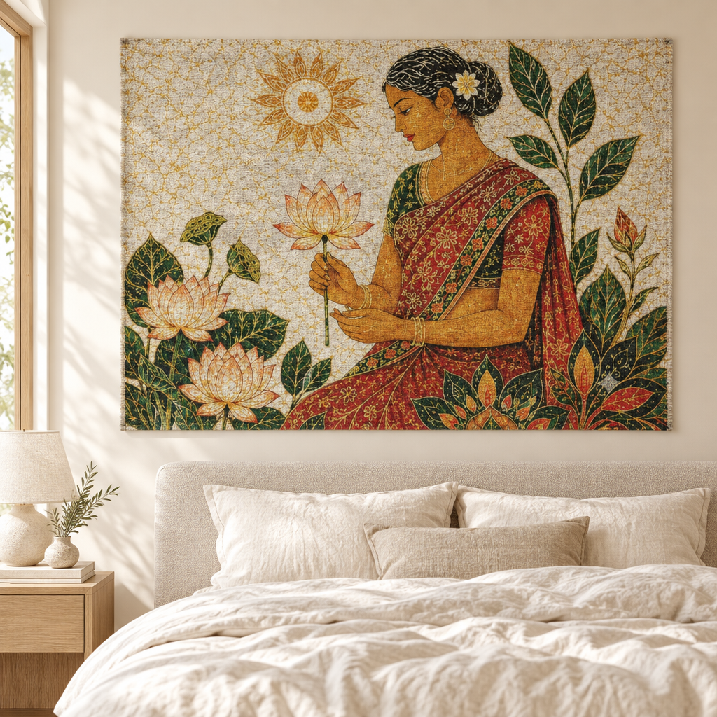 Lotus goddess woven tapestry hanging above a cream bed in a serene bedroom — Ceylon Culture Vibes