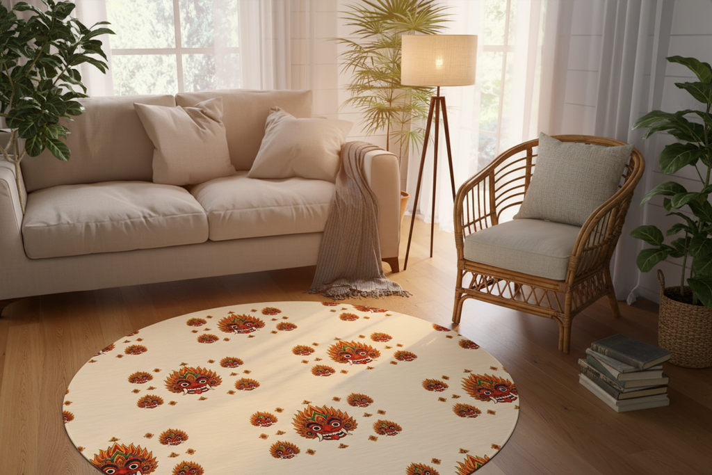 Raksha mask round rug with Sri Lankan devil dance pattern in bohemian reading nook — Raksha Collection — Ceylon Culture Vibes