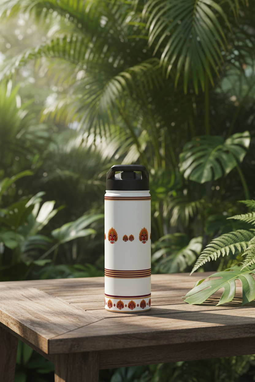 Raksha mask 32oz stainless steel water bottle in tropical garden setting — Raksha Collection — Ceylon Culture Vibes