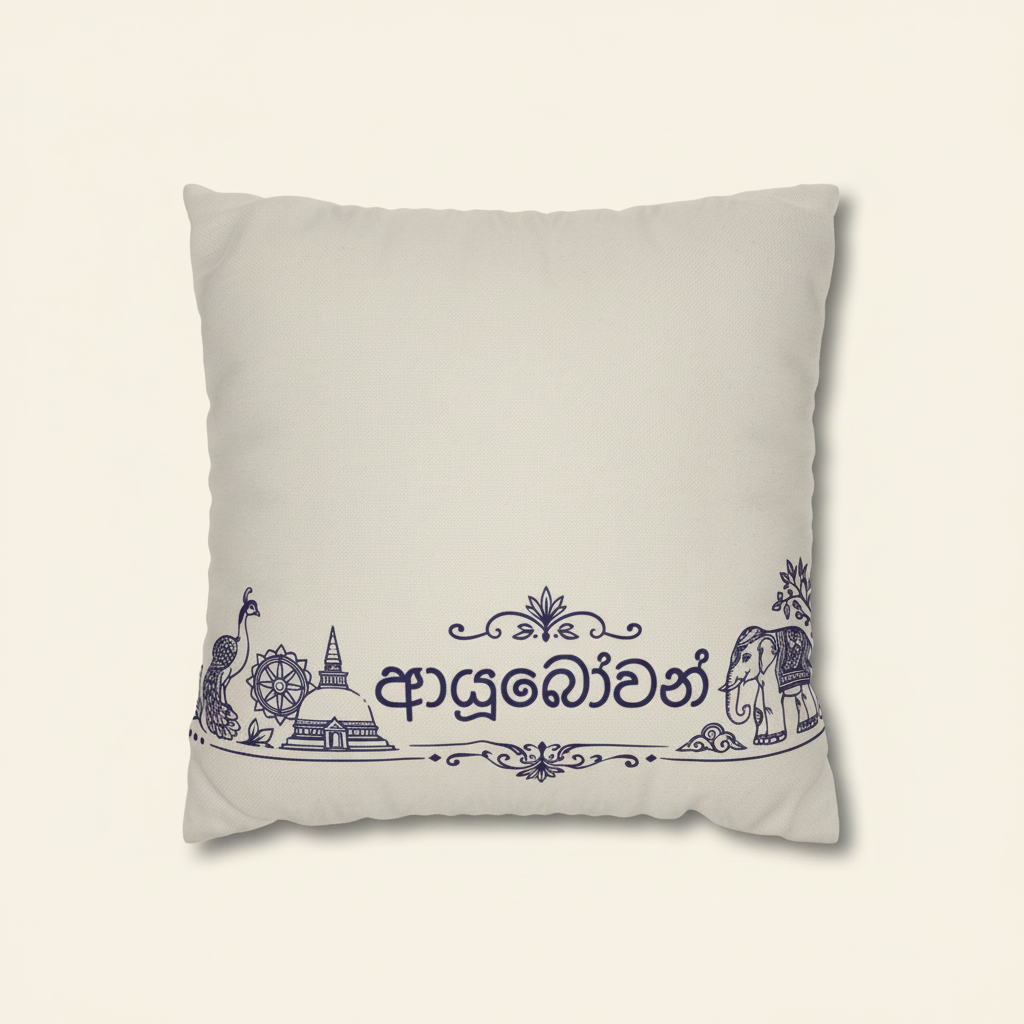 Ayubowan Sinhala script cushion cover close-up thumbnail — Sri Lankan heritage throw pillow — Ceylon Culture Vibes