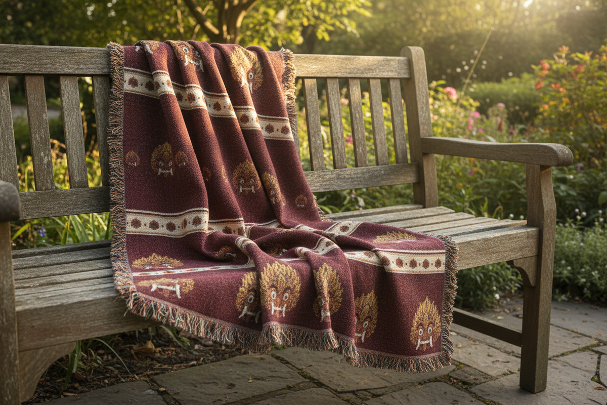 Raksha mask woven cotton blanket draped on outdoor bench in sunlit garden — Raksha Collection — Ceylon Culture Vibes