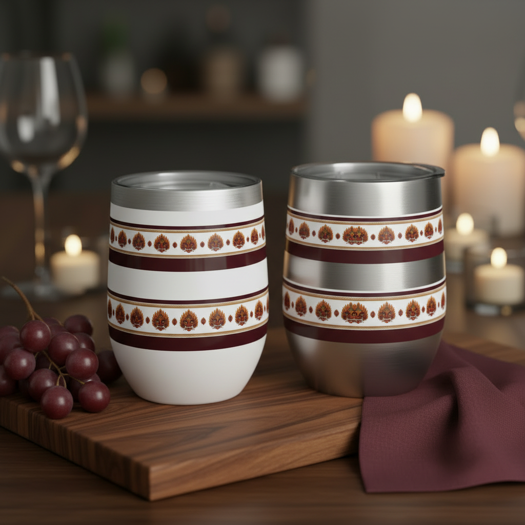 Lifestyle shot of white and silver Raksha Mask wine tumblers together on walnut board — Raksha Collection — Ceylon Culture Vibes