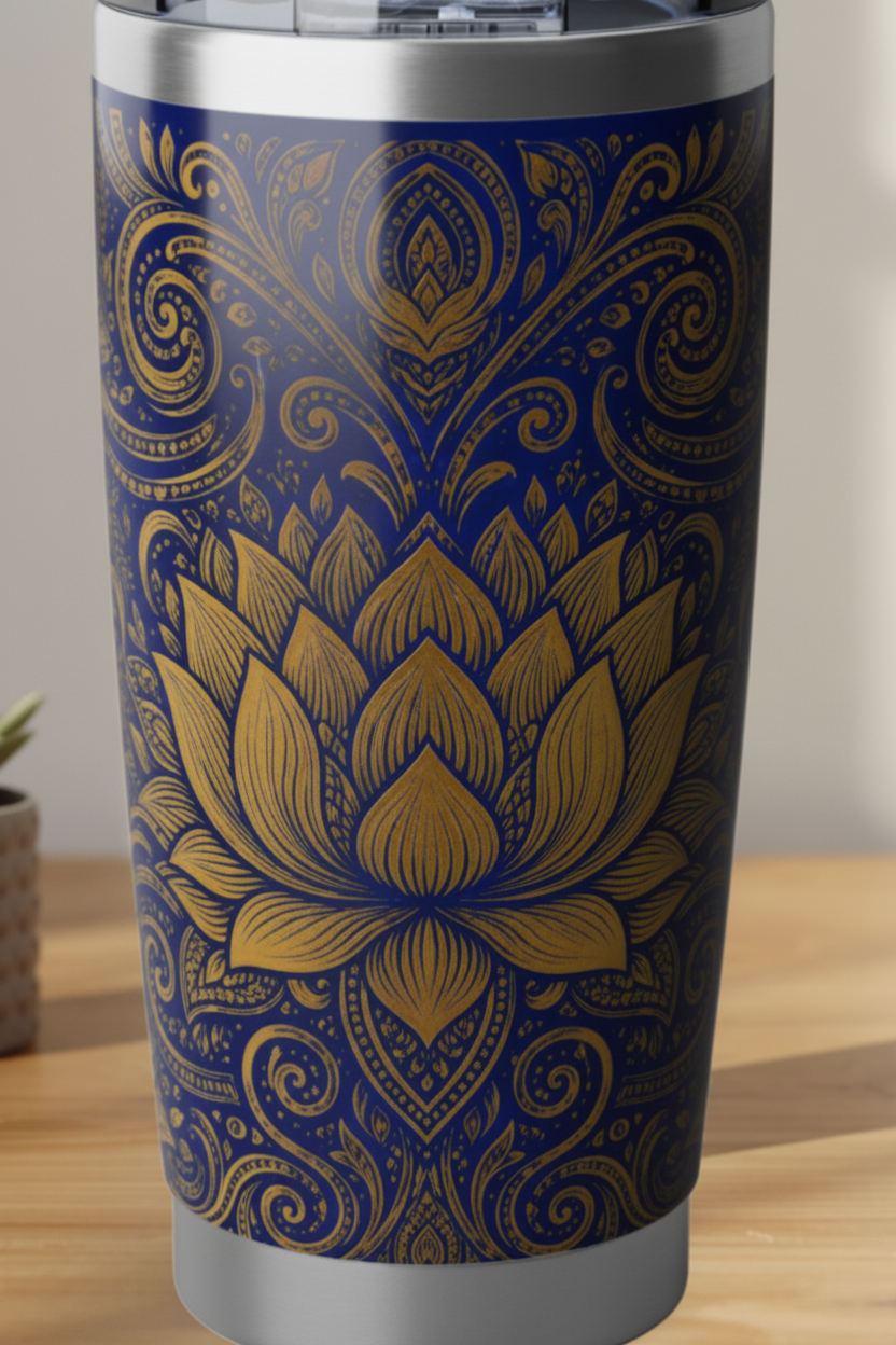 Gold lotus bloom and paisley filigree close-up on navy blue 20oz tumbler — Temple & Serenity Collection — Ceylon Culture Vibes