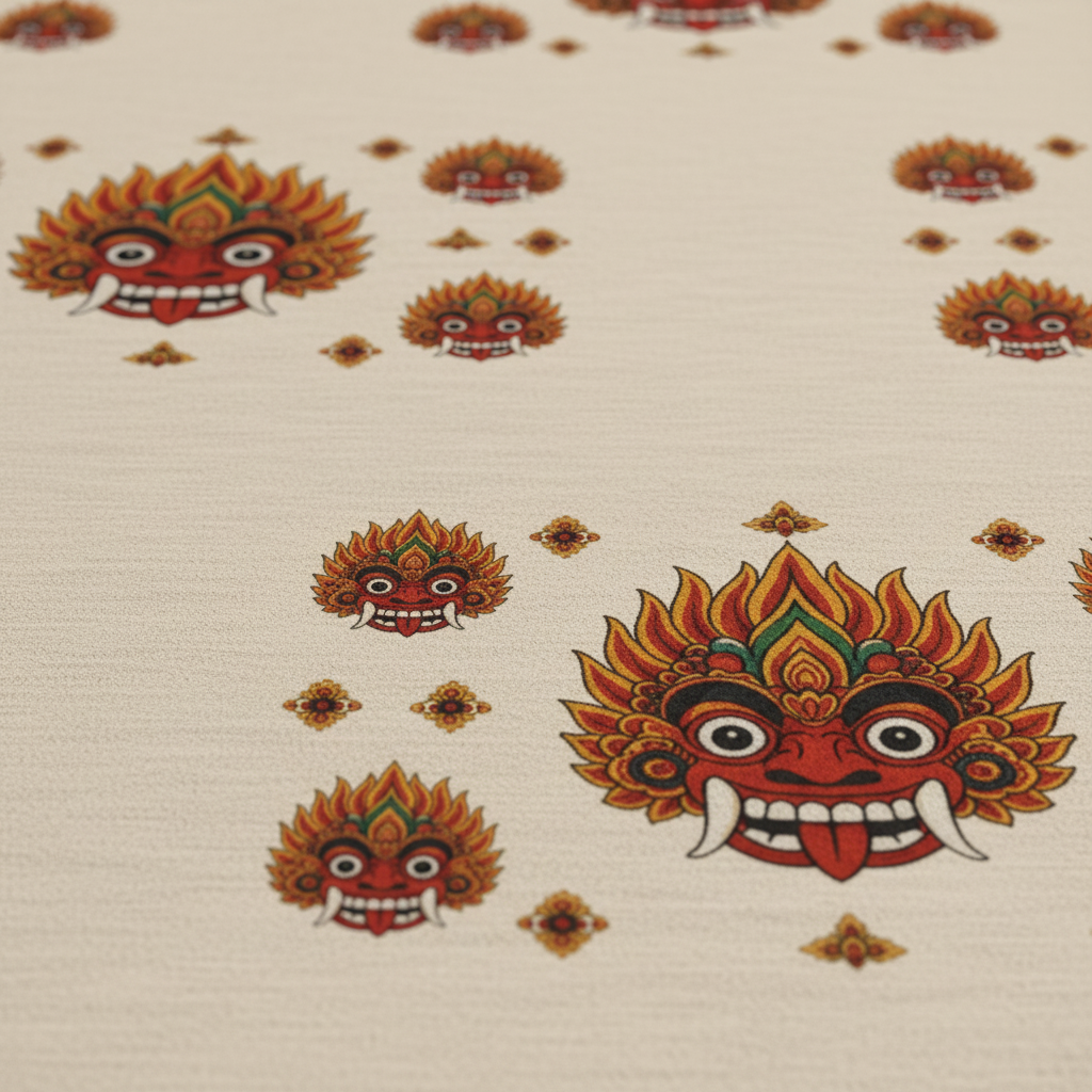 Close-up detail of Raksha mask round rug showing Sri Lankan devil dance mask print and chenille texture — Raksha Collection — Ceylon Culture Vibes