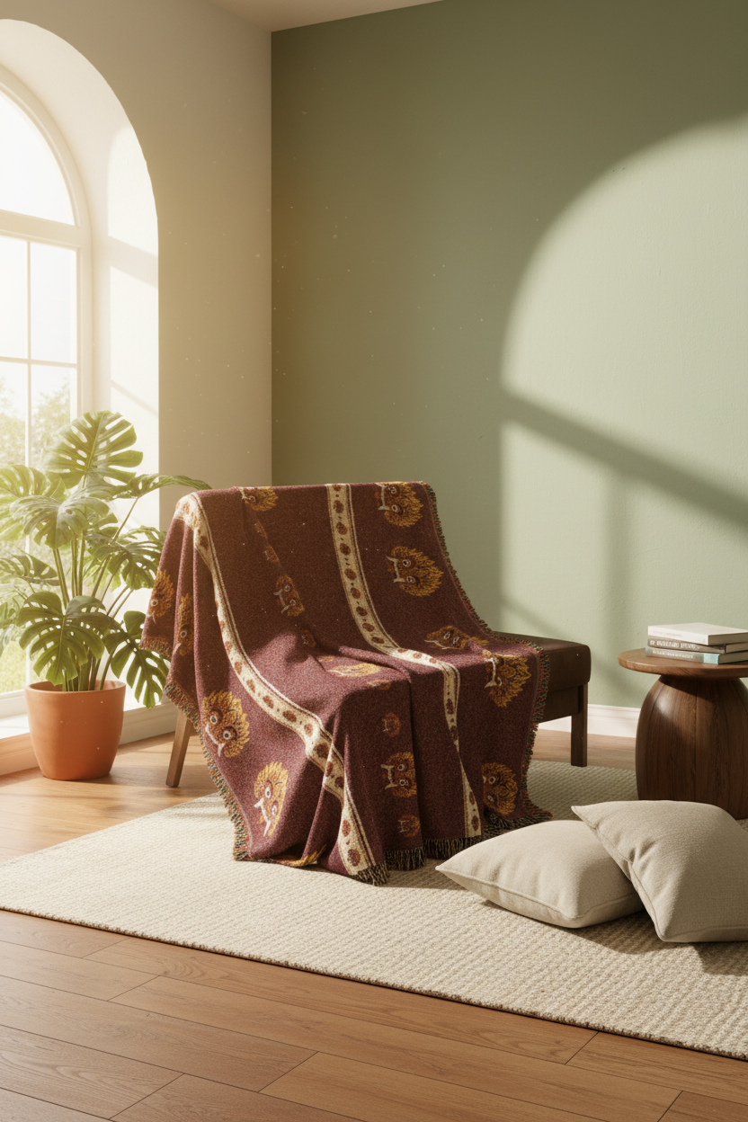 Raksha woven throw blanket on armchair in warm sage living room — Ceylon Culture Vibes