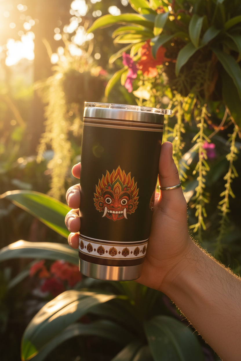 Raksha Guardian Tumbler 20oz Black held outdoors at golden hour — Raksha Collection — Ceylon Culture Vibes