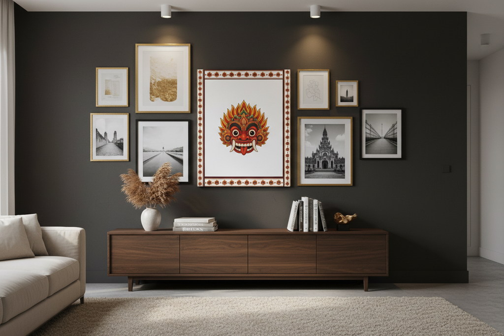 Raksha mask stretched canvas wall art on dark feature wall gallery style — Raksha Collection — Ceylon Culture Vibes