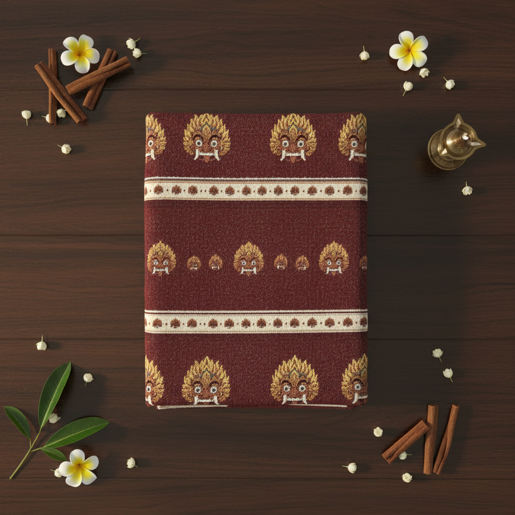 Raksha mask woven cotton blanket flat lay with Sri Lankan cultural styling — Raksha Collection — Ceylon Culture Vibes