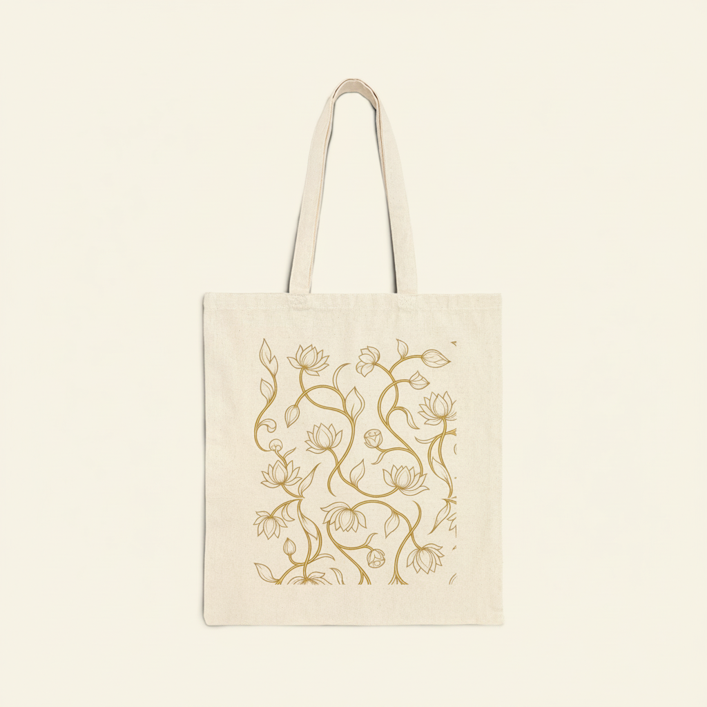 Ceylon lotus canvas tote bag close-up on ivory background — Ceylon Culture Vibes