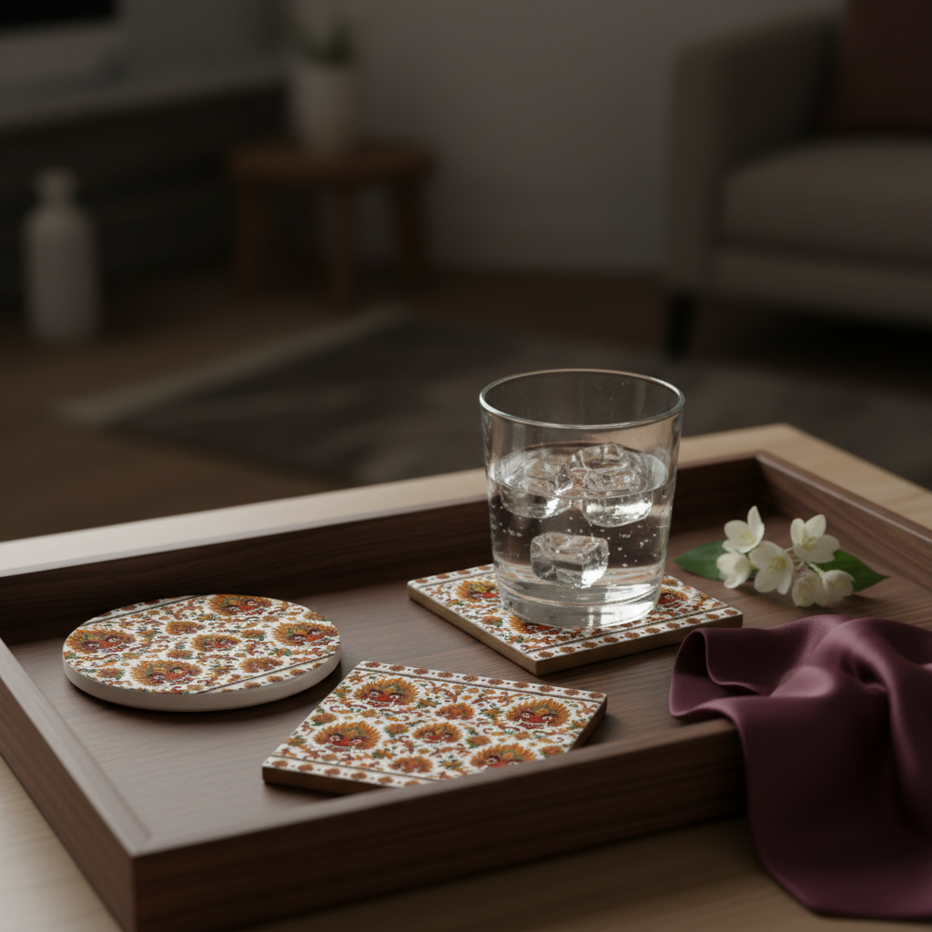 Elegant lifestyle shot of Raksha Mask ceramic coasters on walnut tray with burgundy silk — Raksha Collection — Ceylon Culture Vibes