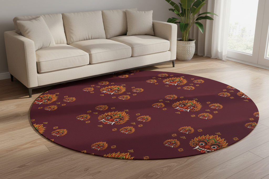Raksha mask round rug deep burgundy in modern living room — Raksha Collection — Ceylon Culture Vibes