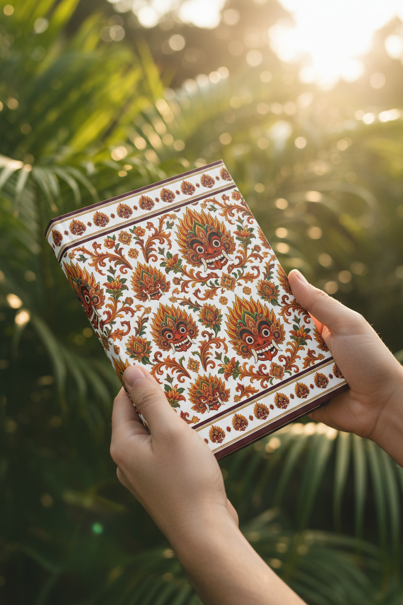 Raksha mask floral hardcover journal held in two hands against tropical greenery — Raksha Collection — Ceylon Culture Vibes