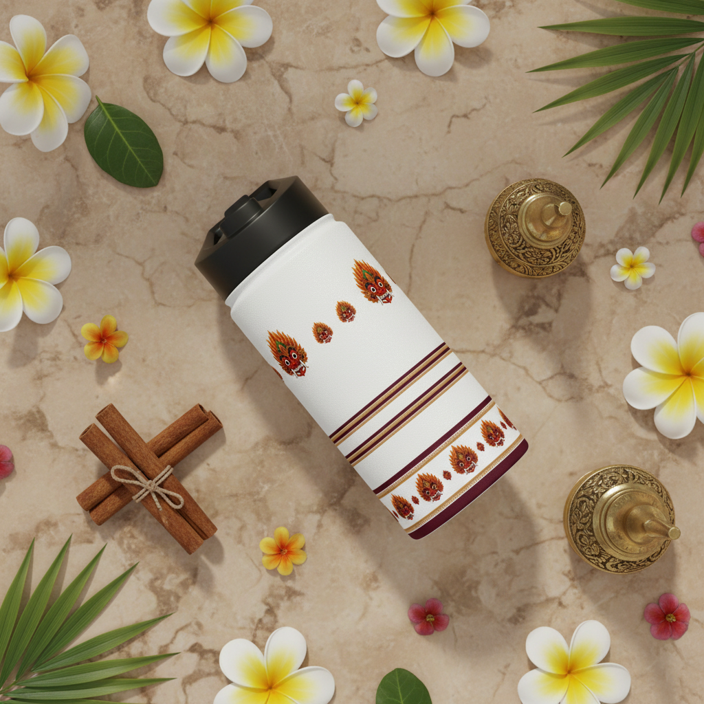 Raksha mask stainless steel water bottle flat lay with tropical flowers and brass lamp — Raksha Collection — Ceylon Culture Vibes